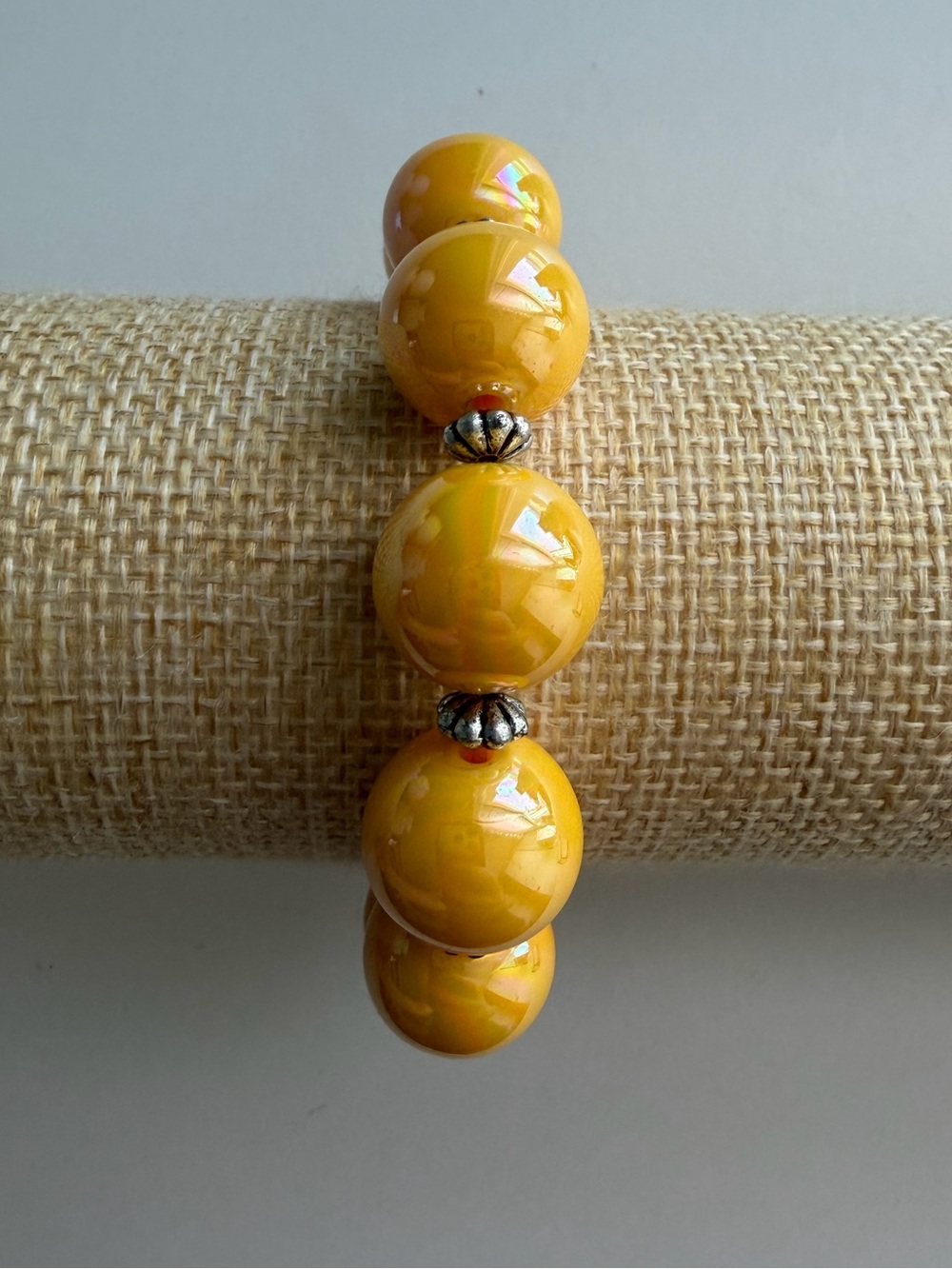 Vintage Garold C. Miller Chunky Yellow Iridescent Beaded Stretch Bracelet